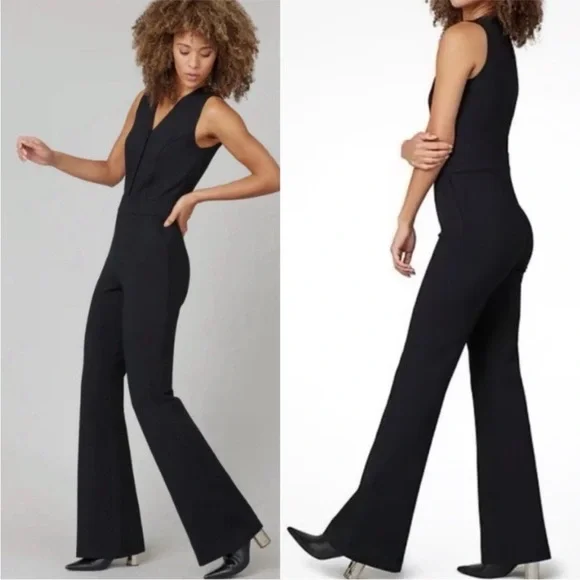 SPANX The Perfect Sleeveless Jumpsuit Ponte Knit Classic Black Flare Wide Leg